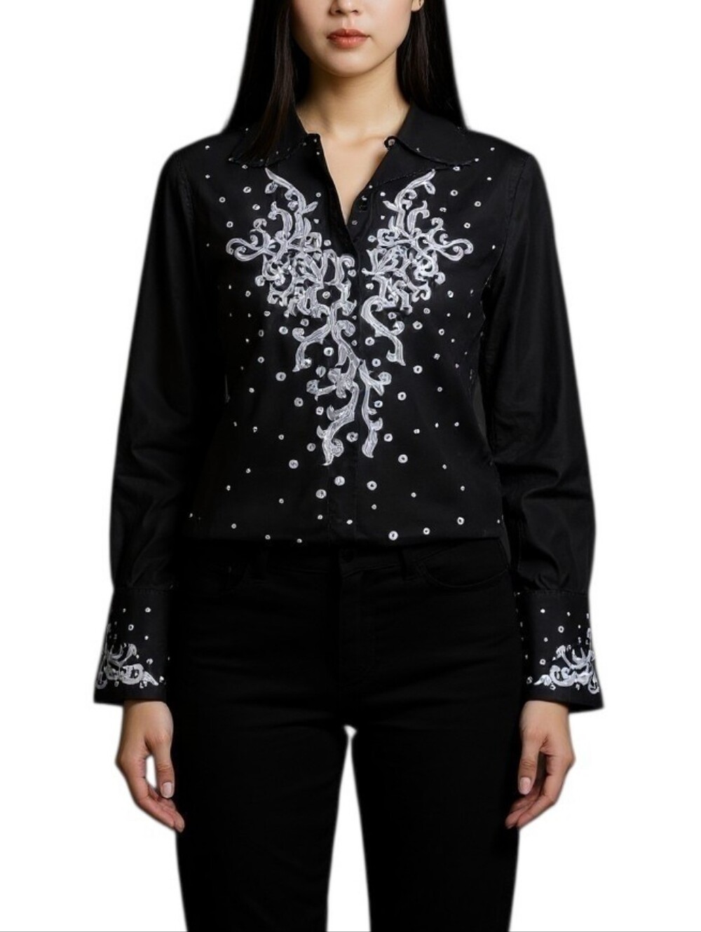 Naracamicie Black Cotton Embroidered Button Down Blouse Made in Italy Women' M/L